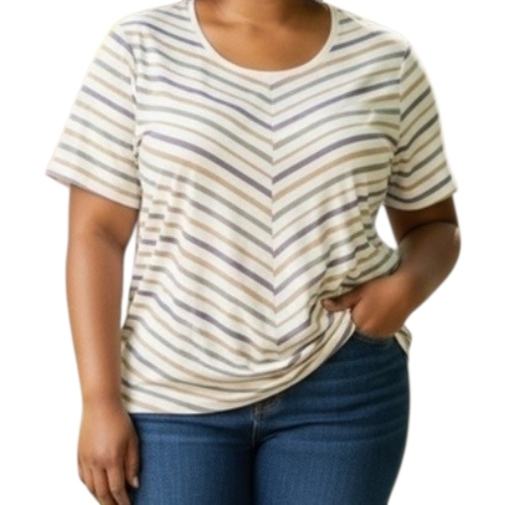 Catherines Cream and Taupe Chevron Stripe Short Sleeve Tee
